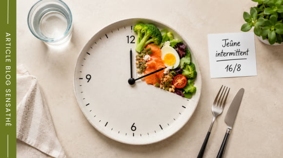 Illustration du jeûne intermittent 168 avec alimentation saine et légumes frais pour une détox printanière naturelle - Herboristerie Sensathé